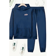 Unisex Lacivert Mini Brooklyn Kırmızı Baskılı Eşofman Kapüşon- Kışlık Şardonlu Kumaş Lacivert
