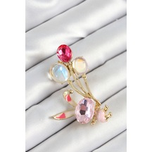 Zirkon Taşlı Balonlu Pembe Tavşan Figürlü Gold Renk Kadın Broş Renkli