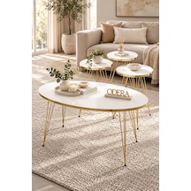 Odera Beyaz Oval Orta Sehpa Ve Yuvarlak Zigon Sehpa 4'lü Set Metal Ayaklı Retro Modern Salon Sehpası Beyaz - Altın