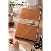 3 Adet Tarihsiz Termo Deri Defter Çizgili A5 Ajanda, Mıknatıslı Kapanış, Promosyon Notebook, Vintage Kahverengi Altın