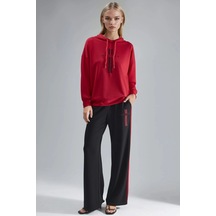 Hiccup Modal Dokulu Kapüşonlu Sweatshirt Ve Şerit Detaylı Pantolon Takımı Bersan Collection Kırmızı