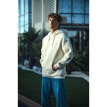 Modi Green Erkek Sokak Stili Beyaz Üç İplik Penye Kapüşonlu Basic Sweatshirt 2XL