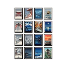Kawase Hasui Tabloları 16'lı Sticker Seti Laptop Defter Ajanda Etiketi Çok Renkli