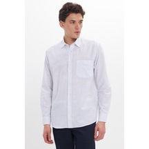 Tudors Erkek Regular Fit Klasik Kesim Oversize Uzun Kollu %100 Pamuk Keten Doku Tek Cepli Çizgili Mavi Gömlek-42404