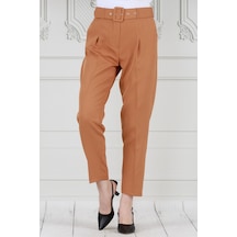 Sevitli Beli Kemerli Pileli Kalem Pantolon-camel-3683-camel Camel