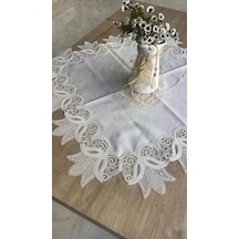 88x88 Cm Kayla Kreme Gümüş Fransız Dantel Detaylı Kare Sehpa Örtüsü Zarif Model