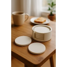 Minimalist Beton Bardak Altlığı Seti - 4 Lü Mat Beyaz Yuvarlak Tasarım & Stand Dahil Beyaz