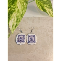El Yapımı Polimer Kil Küpe - Paslanmaz Çelik Aparatlı Mavi Çini / Seramik Motifli Kare Sallantılı Küpe Blue Tile Mavi - Beyaz
