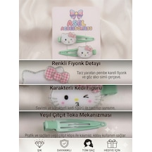 2'li Set Sevimli Kedi Figürlü Simli Fiyonk Detaylı Çıtçıtlı Kız Çocuk Toka Yeşil