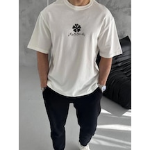 Erkek Kısa Kol Tişört Bisiklet Yaka Yonca Baskılı Oversize T-shirt - Beyaz