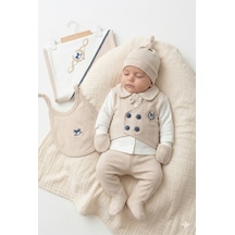 Zeynuko Erkek Bebek At Nakışlı Papyonlu Pamuk 0-3 Ay 10'lu Yenidoğan Hastane Çıkışı Zıbın Seti Kutulu Bej