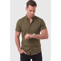 Deepsea Erkek Slim Fit Likralı Jakar Dokulu Haki Kısa Kol Gömlek Esnek Nakış Armalı 2604356