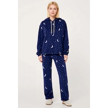 Benerly Kadın Kapüşonlu Standart Kol Regular Kalıp Polar Örme Pijama Takı lacivert