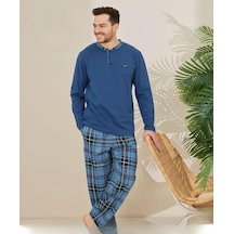 Pijamoni Erkek Pamuklu Düğme Yaka Uzun Kol İnce Pijama Takımı 100/4 - 1 Adet Mavi