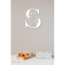 Beyaz Ahşap Çiçek İşlemeli  S Harfi Duvar Dekoru Salon Oturma Yatak Odası için 30x30 cm Mdf Tablo