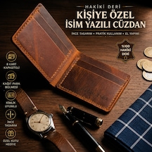 Deri Sepeti Kişiye Özel Isim Yazılı Hakiki Deri Ince Erkek Cüzdan Greyze Taba