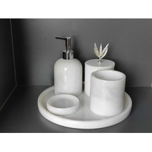 Beyaz Mermer Gümüş Zeytin Dalı Aksesuarlı 5'li Banyo Seti Beyaz