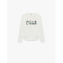 Koton Kedi Baskılı Şardonlu Uzun Kollu Bisiklet Yaka Sweatshirt Ekru 7wkg10405ak