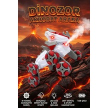 Uzaktan Kumandalı Buhar Püskürten Işıklı 8 Tekerlekli Akrobat Dinozor Araba Drift Yapan Çılgın Dino Kırmızı Beyaz