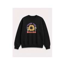Herkesemoda Ayçiçek Baskılı 2 İplik Şardonlu Bisiklet Yaka Sweatshirt Siyah