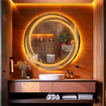 Flux Amber Led'li Lazer Kumlamalı Lavabo & Banyo Aynası Dokunmatik Sensörlü 70 X 70 Turuncu