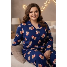 Siyah İnci Curve Büyük Beden Battal Boy Düğmeli Pamuklu Pijama Takımı 7617 Lacivert Kırmızı Ayıcıklı