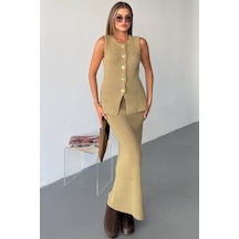 Kechi Woman Gold Aksesuarlı Etekli Triko Takım Haki