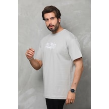 Erkek Kısa Kol Yazlık Tişört Bisiklet Yaka Baskılı Oversize T-shirt - Gri