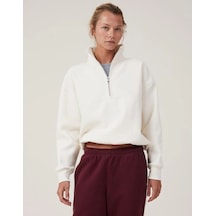 Kadın 3 İplik Pamuklu Oversize Yarım Fermuarlı Yakalı Basic Sweatshirt - Beyaz