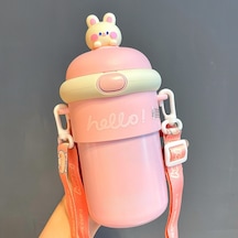 Velvettides Paslanmaz Çelik Termos Bardak Portatif Öğrenci Çapraz Boy Süper Sevimli Bardak Pembe