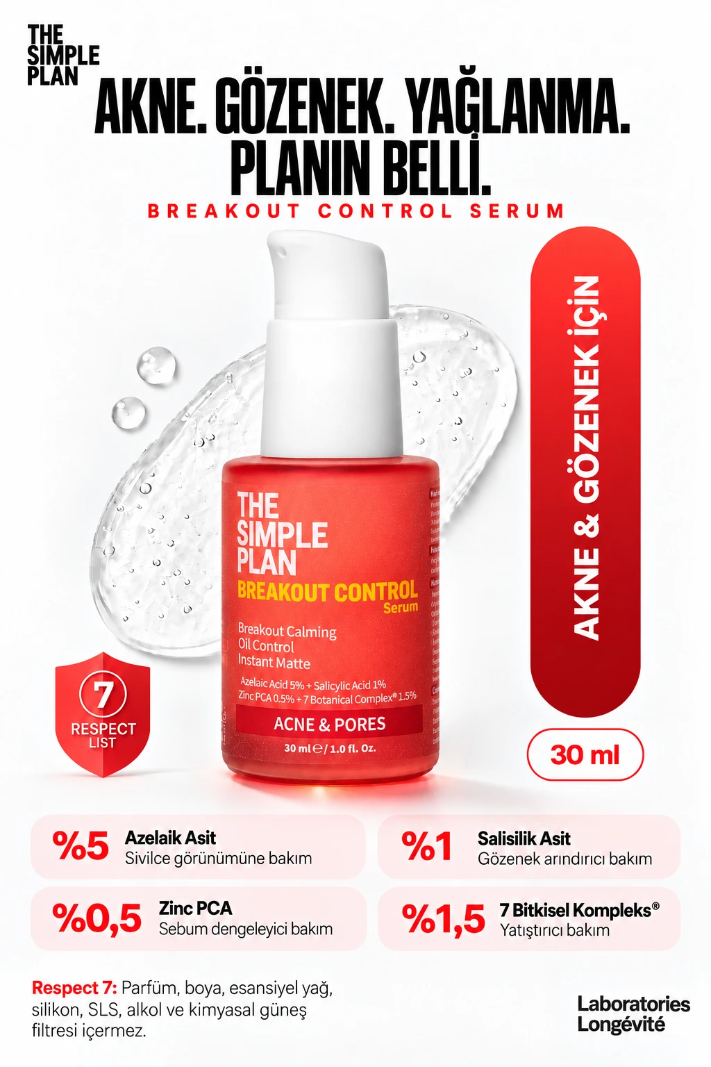 The Simple Plan Breakout Control Serum %5 Azelaik Asit + %1 Salisilik Asit, Yağ Kontrolü Ve Anında Matlık, 30 Ml