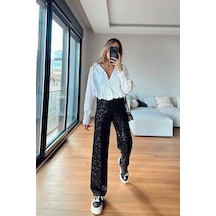 Unika Boutique Kadın Beli Lastikli Ve Pul Payetli Tasarım Bol Pantolon siyah