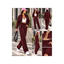 Gugus Kadın Fermuarlı Kolej Yaka Aysho Model Bol Paça Wide Leg Eşofman Takımı Bordo