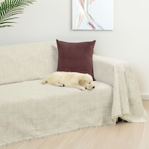 Purecot Premium Pamuklu Püsküllü Koltuk Örtüsü 180x220 Çift Taraflı Terletmez Kaymaz , Krem krem