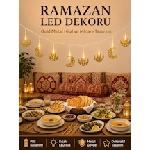 Minareli Hilal Led Işık Gold Metal Gövdeli Pilli Ramazan Dekoru Renkli