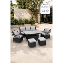 Niron Leo 3'lü Rattan Bahçe Oturma Grubu - Antrasit Temperli Cam Set 3+1+1+2 Puf