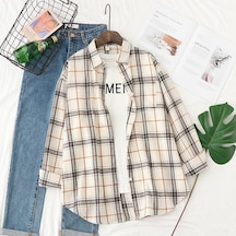 Beyaz Qooth Kadın Sonbahar Kış Fırçalanmış Ekose Bluz Retro Zarif Gevşek Uzun Kollu Gömlek Ceket Qt1910 Beyaz