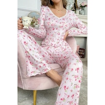 Bella Notte Romantik Pamuklu Dantel Detaylı Uzun Pijama Takımı Pembe