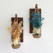 Duvar Dekoru, Led Işıklı, Mavi ve Beyaz Cipso Çiçekli, Ceviz Apl