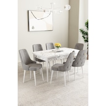 Mabel Beyaz Mermer Desen 80x132 Mdf Açılabilir Mutfak Masası Takımı 6 Adet Sandalye Gri