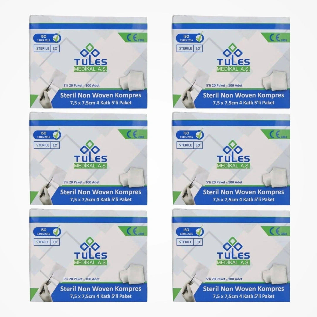 Tules Steril Non Woven Kompres 7,5 Cm X 7,5 Cm 4 Katlı 5 Li Zarf 100 Lü Kutu - 6 Kutu