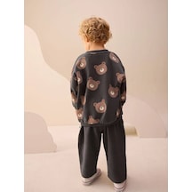 Mila Mood Unisex Çocuk Antrasit Ayıcık Baskılı 2'li Eşofman Takımı Sweatshirt Pantolon