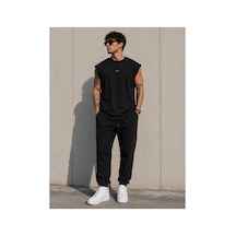 Herkesemoda Dağ Baskı Detaylı Sıfır Kol Bisiklet Yaka T-shirt Siyah
