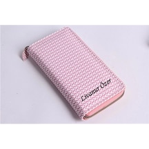 Kişiye Özel V Model Pembe Telefon Bölmeli Cüzdan