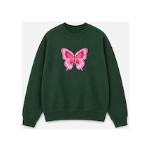 Herkesemoda Kelebek Baskı Detaylı Şardonlu 2 İplik Bisiklet Yaka Sweatshirt Yeşil
