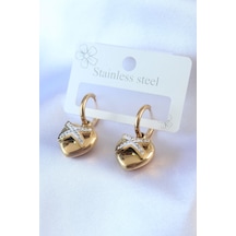 Zarif Kadın İçin Golden Çelik Zirkonlu Kalp Küpe