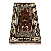 El Dokuması Sıfır Yahyalı Seccade 85x140 Kahverengi Beyaz Kök Boya %100 Yün Açık Kahverengi