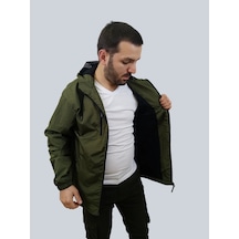 Erkek Kapüşonlu File Detaylı Haki Yağmurluk Haki