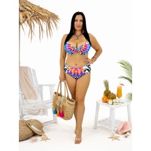 Büyük Beden Kaplı Telli Renkli Tüy Desenli Ön Büzgü Detaylı Ayarlanabilir Askılı Sabit Kaplı Kadın Bikini Takımı Siyah