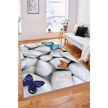 Kırk Beyaz Kelebek Desenli 3d Kaymaz Tabanlı Halı Rv362n11
